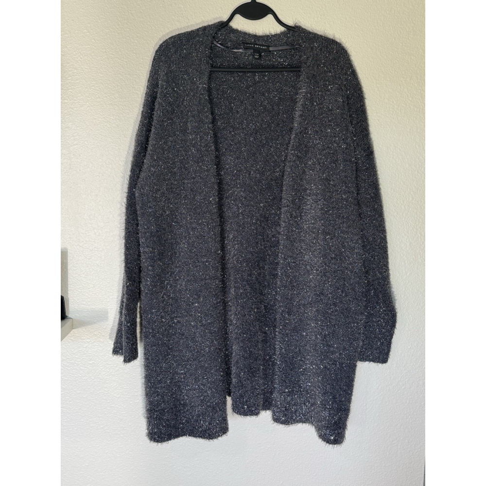 Lane Bryant Gray Silver Sparkle Eye Lash Open Front Sweater Coat Shacket 14/16